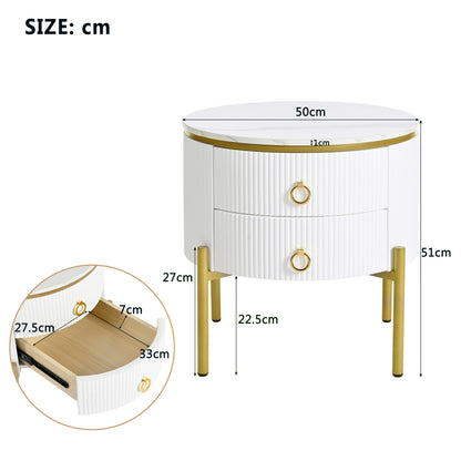 HOMCOM white side table with drawers, marble texture top, gold legs and handles, and adjustable height for modern living spaces.