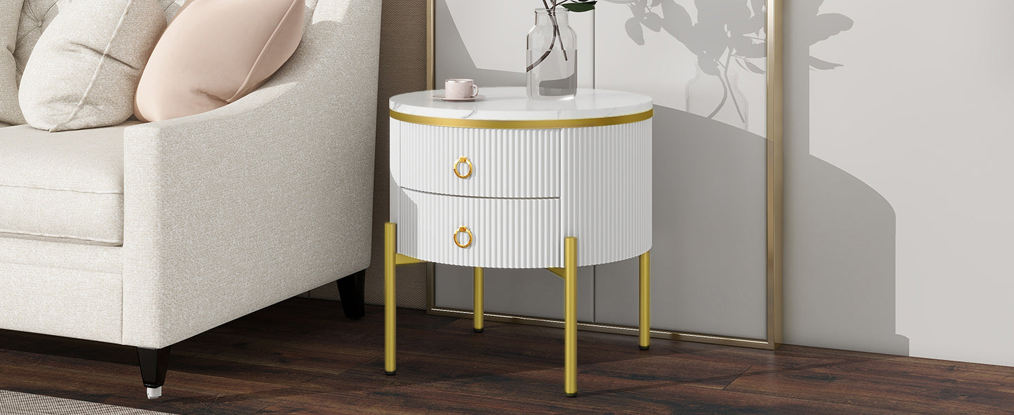 HOMCOM white side table with drawers, marble texture top, gold legs and handles, adjustable height for living room use