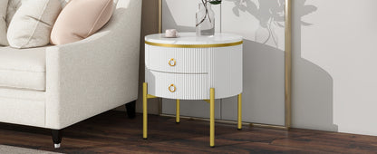 HOMCOM white side table with drawers, marble texture top, gold legs and handles, adjustable height for living room use