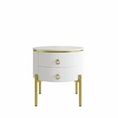 HOMCOM white side table with drawers, marble texture surface, gold legs and handles, adjustable height for living room decor.