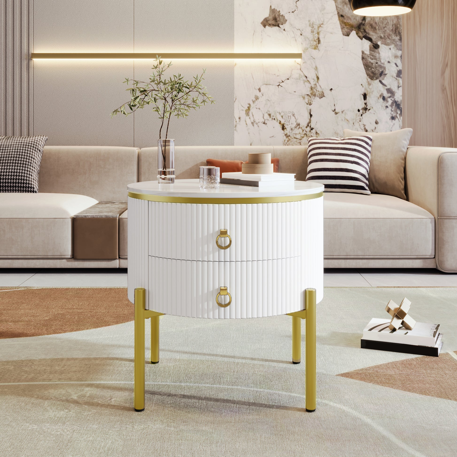 HOMCOM side coffee table with marble texture, gold legs and handles, adjustable height, and built-in drawers.