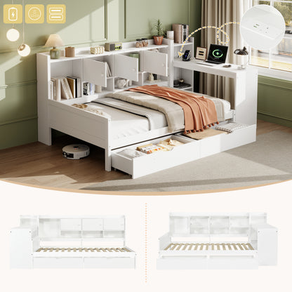 White HOMCOM single daybed with desk, storage drawers, bookcase, wooden frame, and built-in USB charging station.