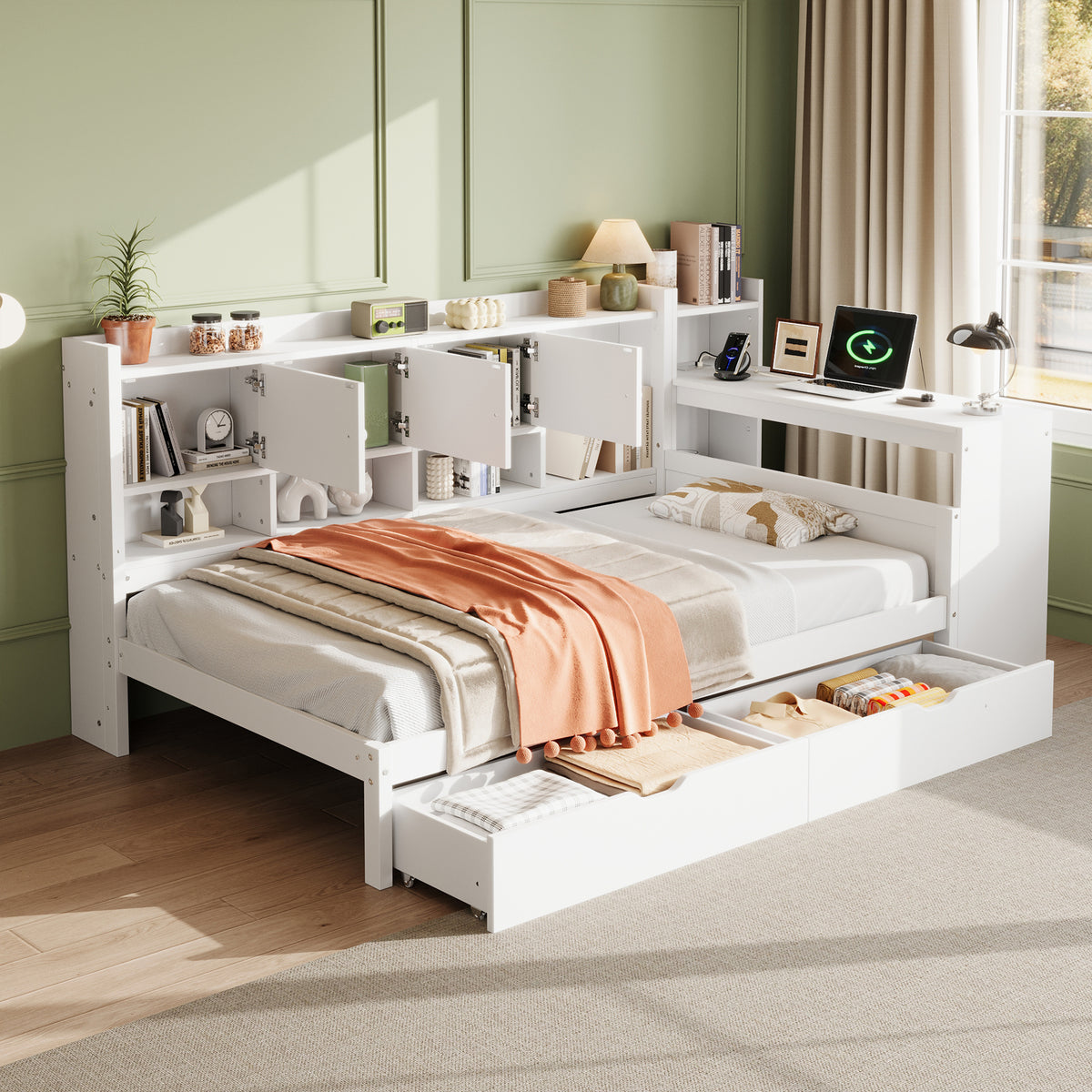 HOMCOM white wooden single daybed with built-in desk, storage drawers, bookcase, and USB charging station in a modern room setting.