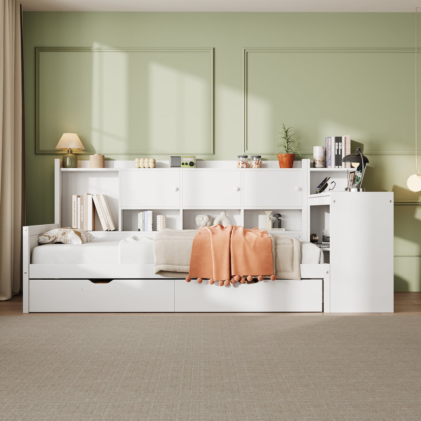 White HOMCOM single daybed with desk, storage drawers, bookcase, and built-in USB charging station in a modern wooden frame.