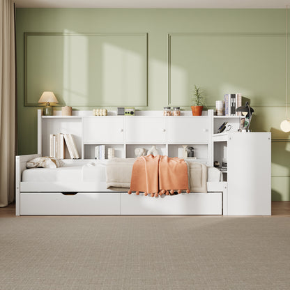 White HOMCOM single daybed with desk, storage drawers, bookcase, and built-in USB charging station in a modern wooden frame.