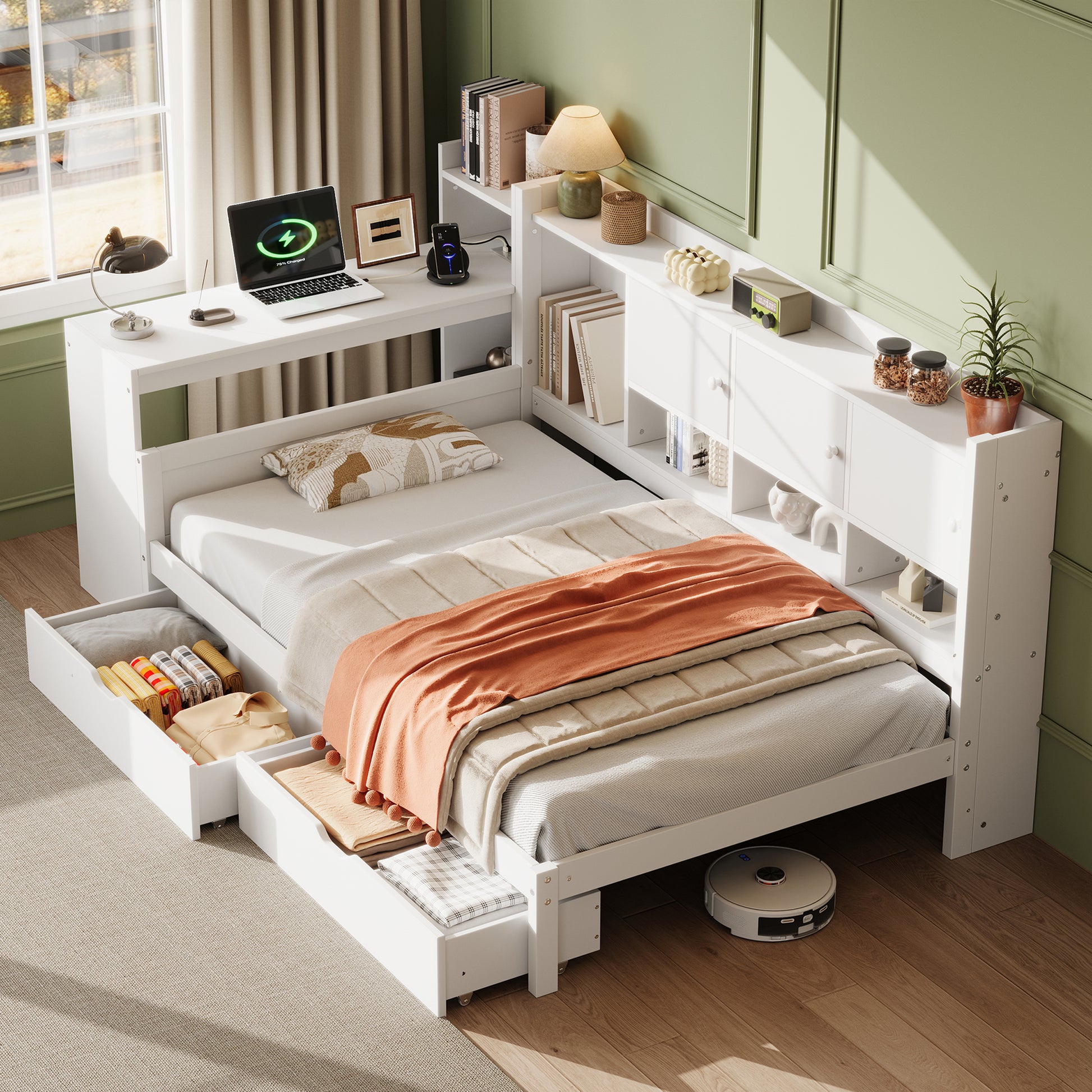 White HOMCOM single daybed with desk, storage drawers, bookcase, wooden frame, and built-in USB charging station.
