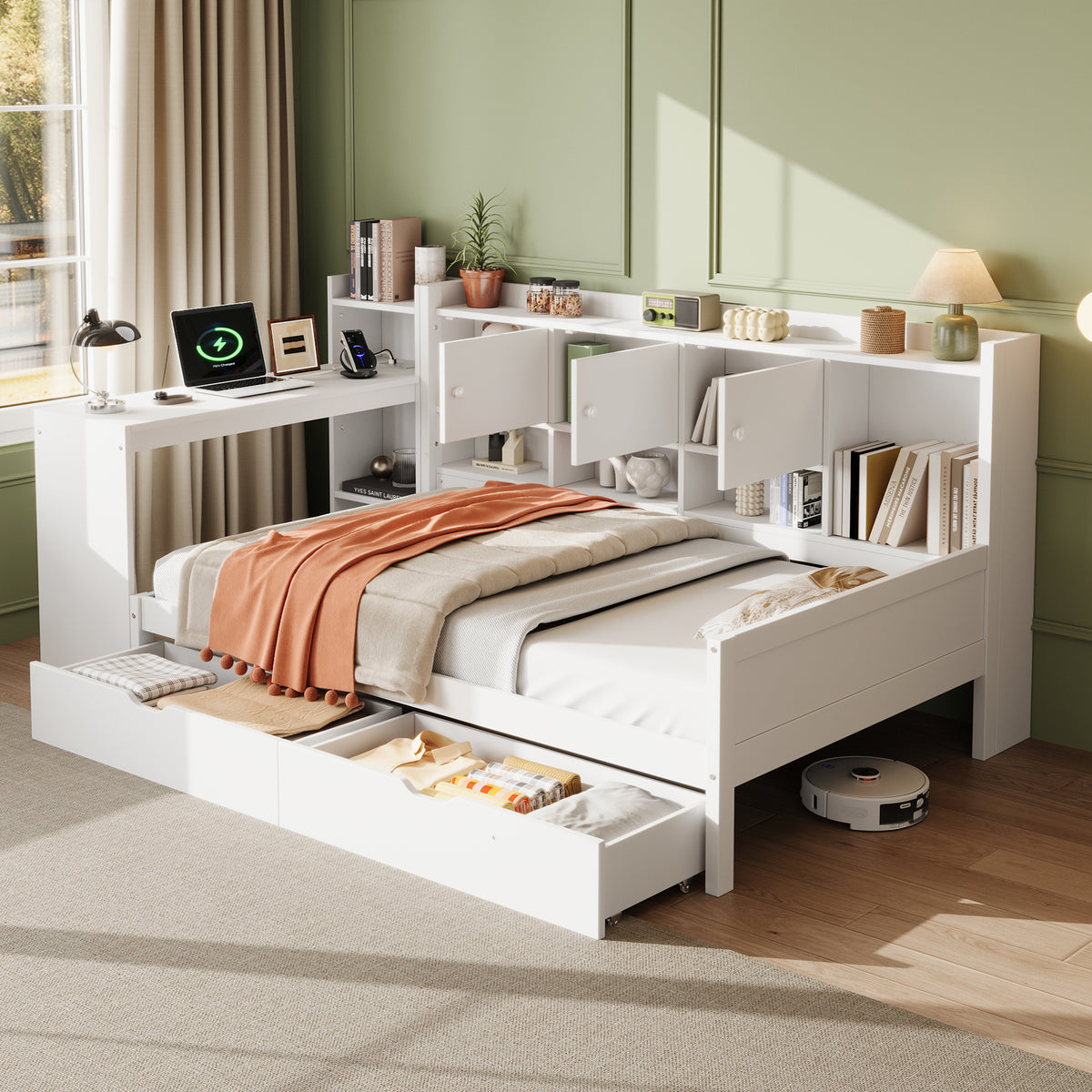 White HOMCOM single daybed with desk, storage drawers, bookcase, and built-in USB charging station in a modern wooden bed frame.