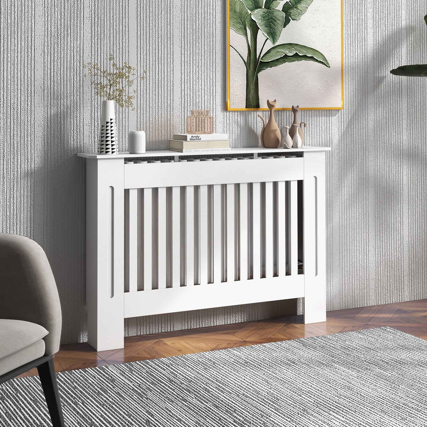 White HOMCOM slatted radiator cover cabinet with MDF lining, designed to conceal radiator, measures 112L x 19W x 81H cm.