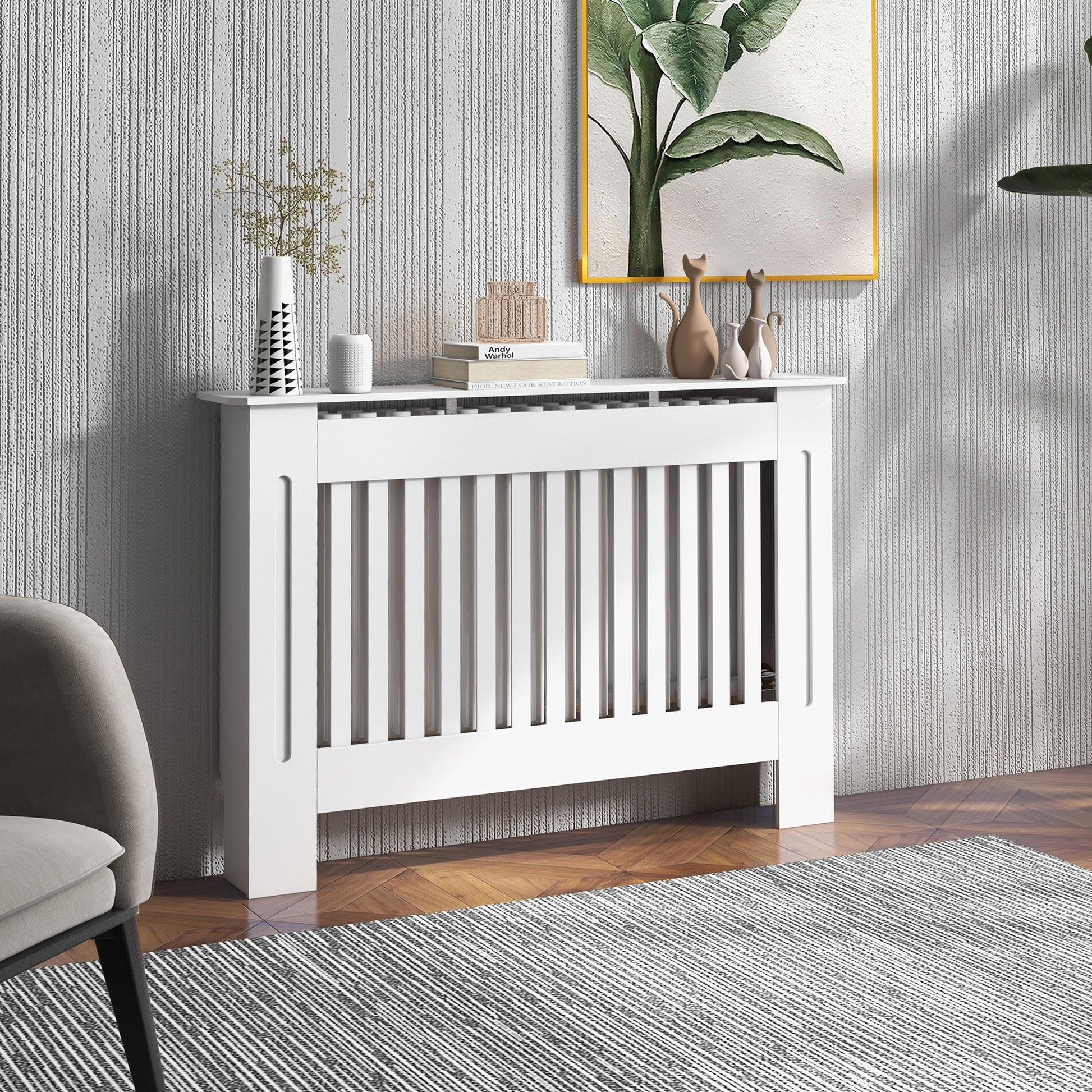 White HOMCOM slatted radiator cover cabinet with MDF lining, designed to conceal radiator, measures 112L x 19W x 81H cm.