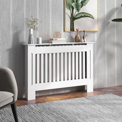 White HOMCOM slatted radiator cover cabinet with MDF lining, designed to conceal radiator, measures 112L x 19W x 81H cm.