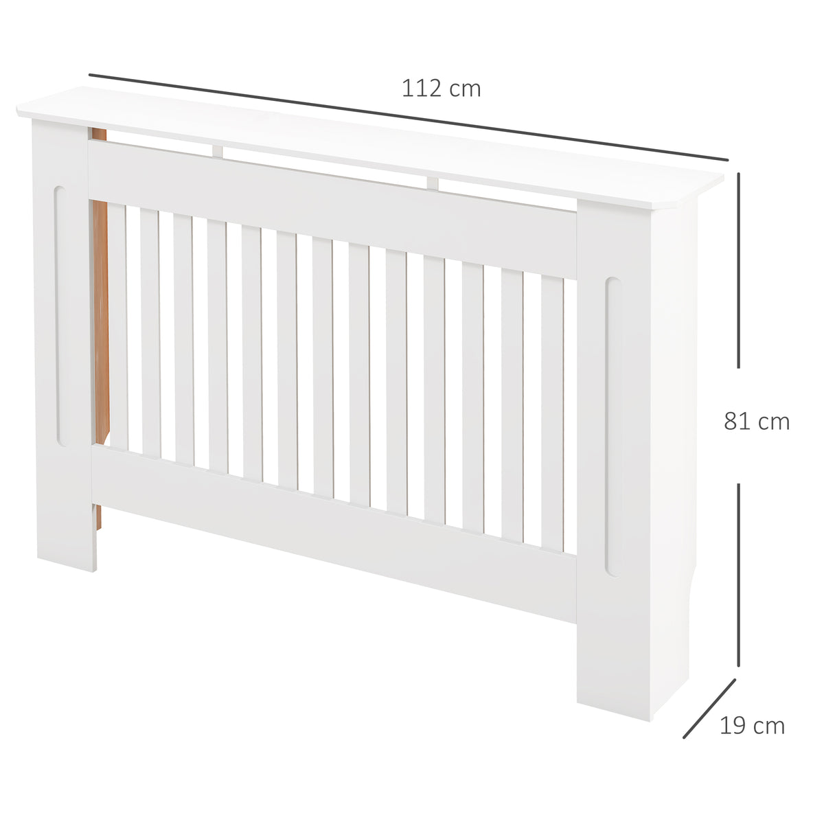 White HOMCOM slatted radiator cover cabinet with MDF lining, measuring 112cm long, 19cm wide, and 81cm high.
