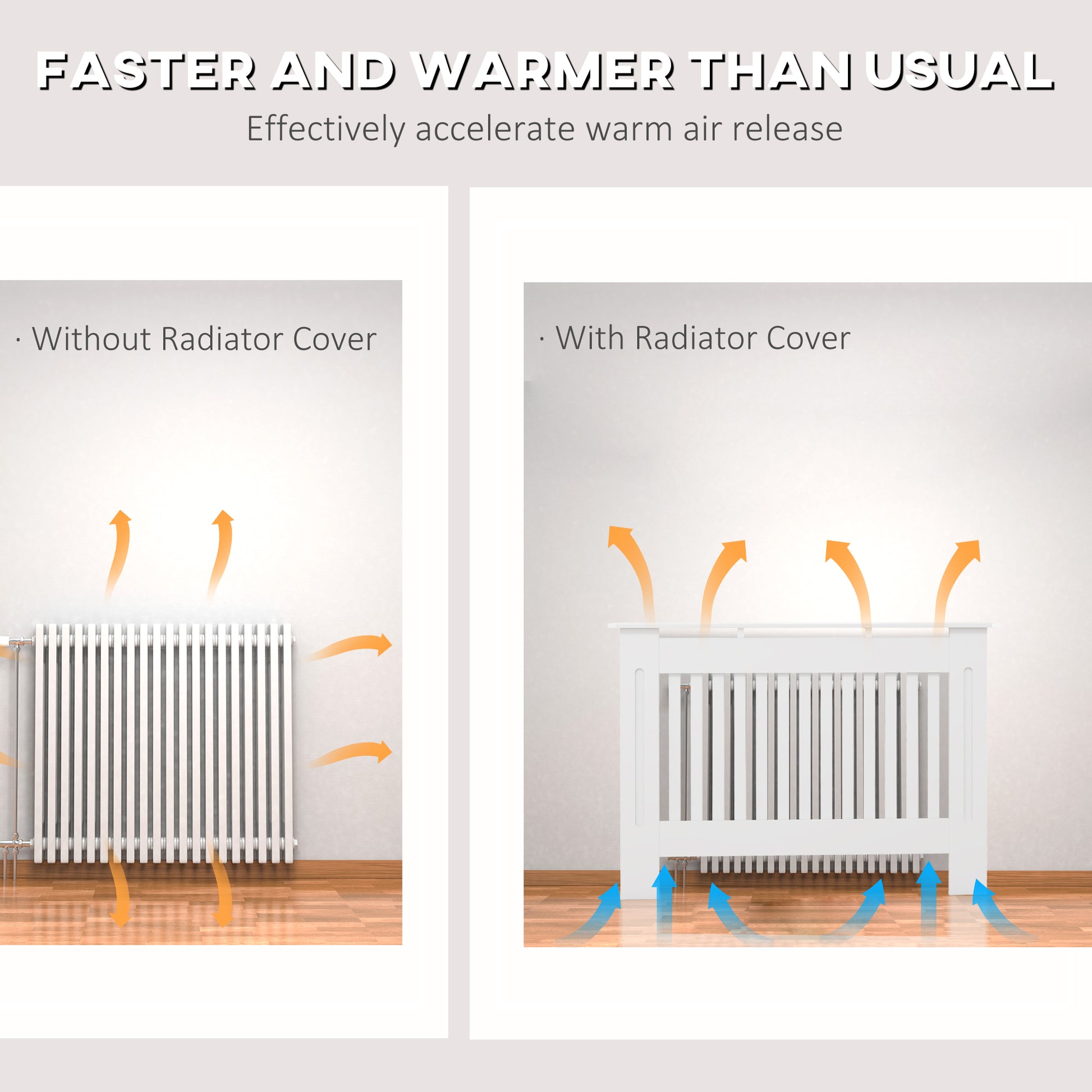 White HOMCOM slatted radiator cover cabinet with MDF lining and grill, measuring 112L x 19W x 81H cm.