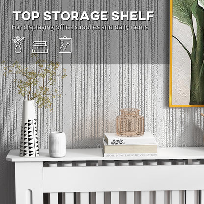White HOMCOM slatted radiator cover cabinet with MDF lining, 112cm x 19cm x 81cm, featuring a grill design for radiator concealment.