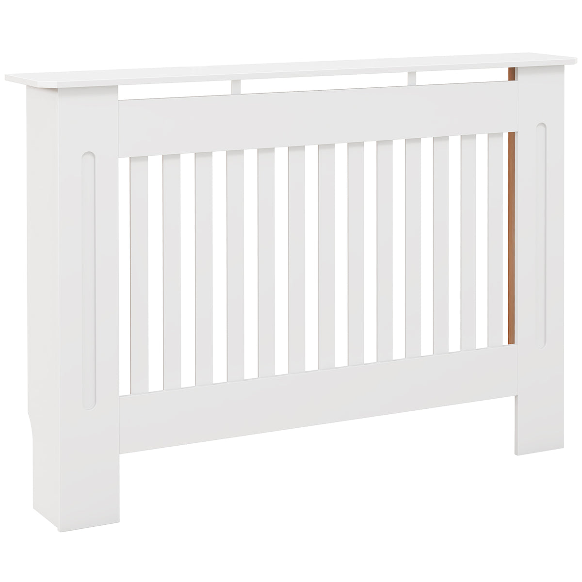 White HOMCOM slatted radiator cover cabinet with MDF lining, measuring 112L x 19W x 81H cm, featuring a grill design.