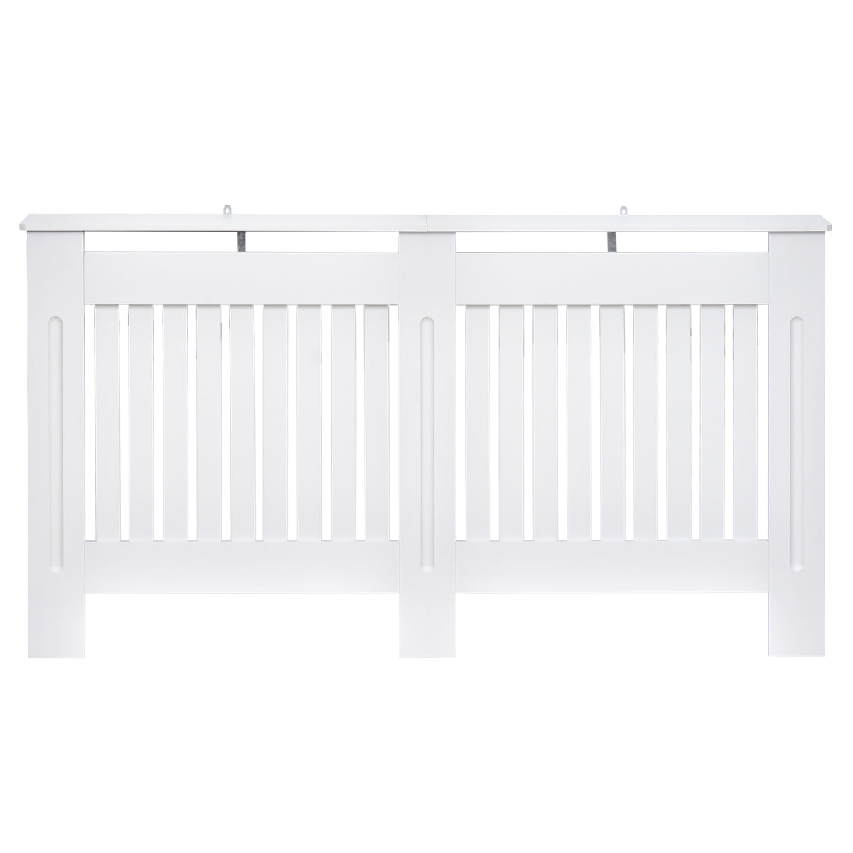 White HOMCOM slatted radiator cover cabinet with MDF lining, designed to fit 152L x 19W x 81H cm radiators.