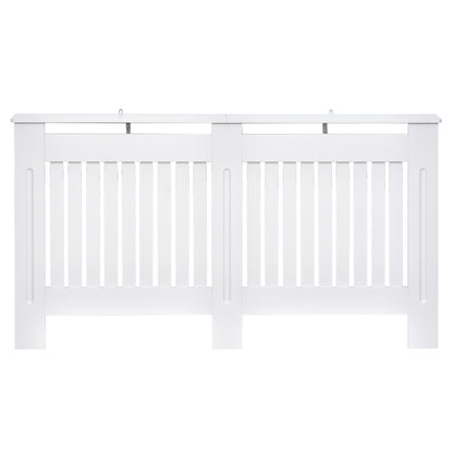 White HOMCOM slatted radiator cover cabinet with MDF lining, designed to fit 152L x 19W x 81H cm radiators.