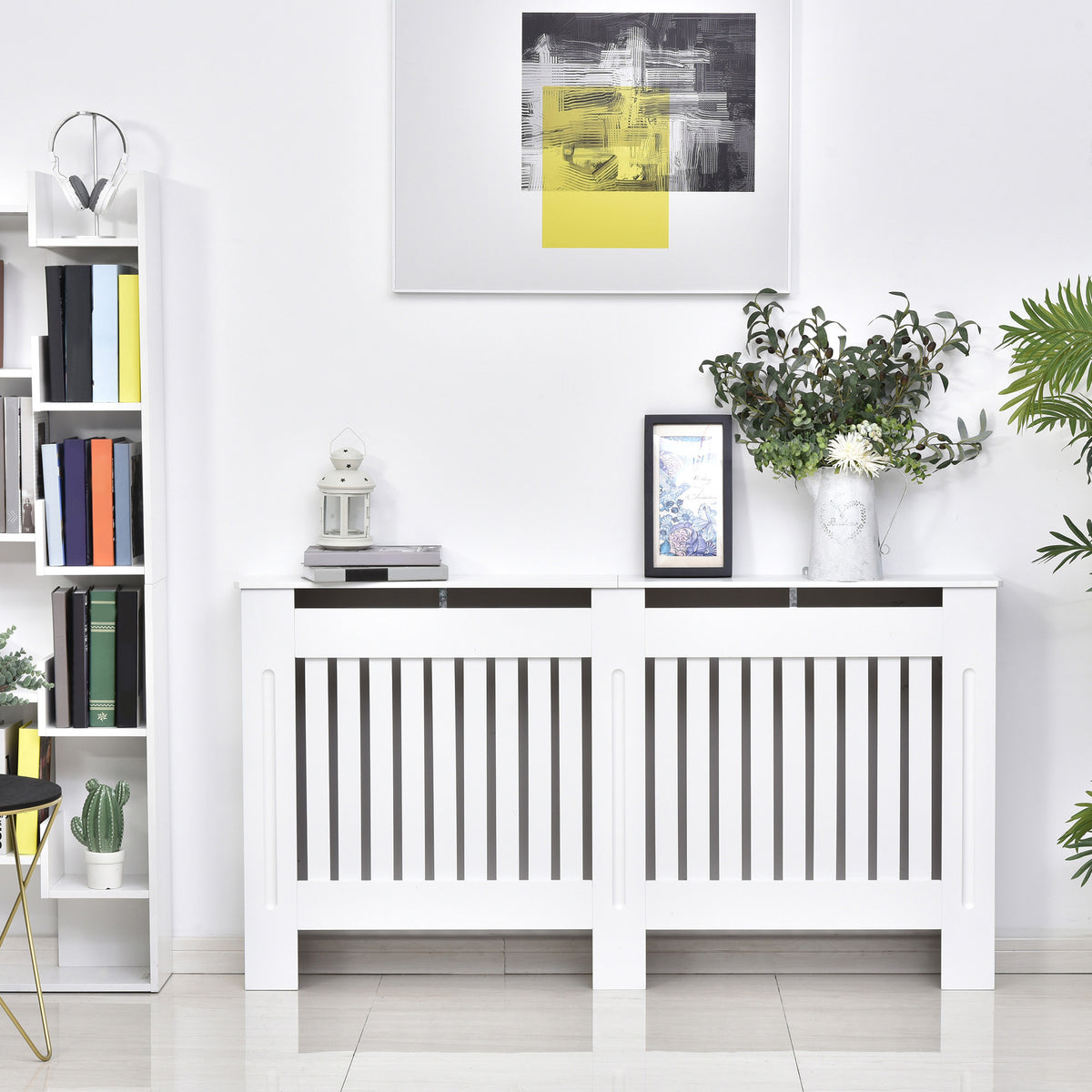 White HOMCOM slatted radiator cover cabinet with MDF lining, designed for 152cm length, 19cm width, and 81cm height.