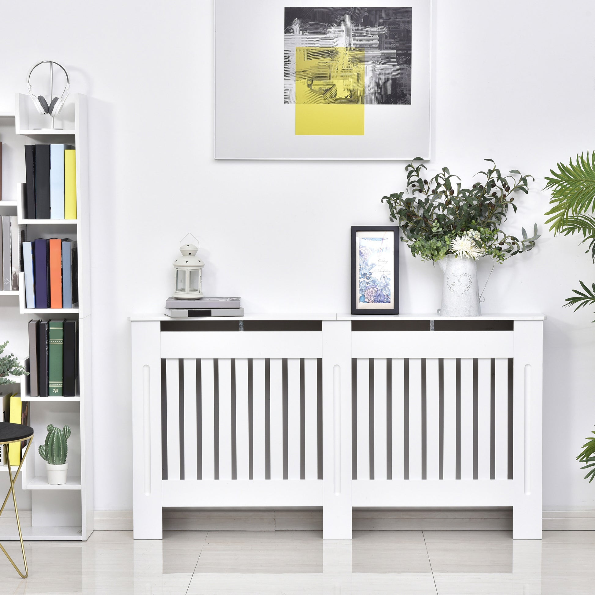 White HOMCOM slatted radiator cover cabinet with MDF lining, designed for 152cm length, 19cm width, and 81cm height.