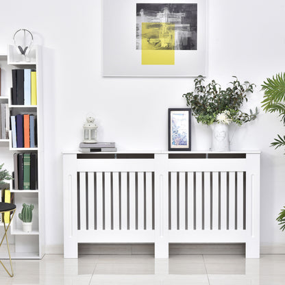 White HOMCOM slatted radiator cover cabinet with MDF lining, designed for 152cm length, 19cm width, and 81cm height.