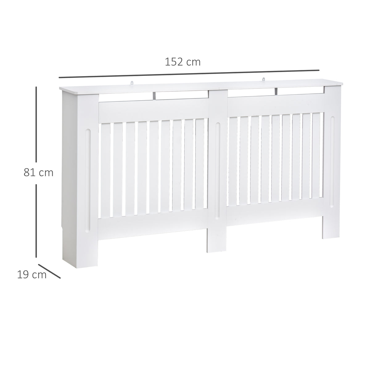 White HOMCOM slatted radiator cover cabinet with MDF lining and grill, measuring 152cm by 19cm by 81cm.