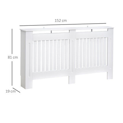 White HOMCOM slatted radiator cover cabinet with MDF lining and grill, measuring 152cm by 19cm by 81cm.