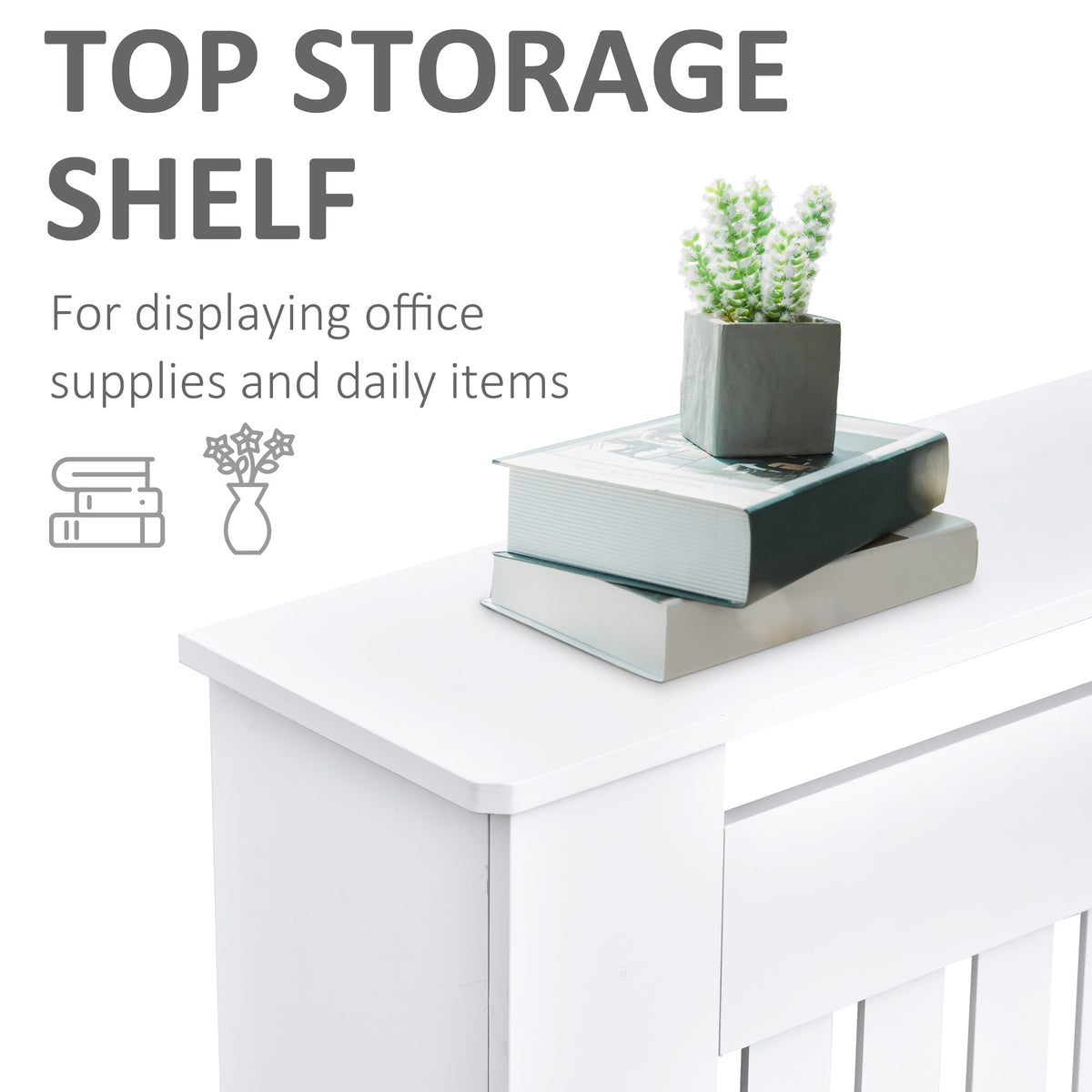 White HOMCOM slatted radiator cover cabinet with MDF lining and grill, measuring 152L x 19W x 81H cm.