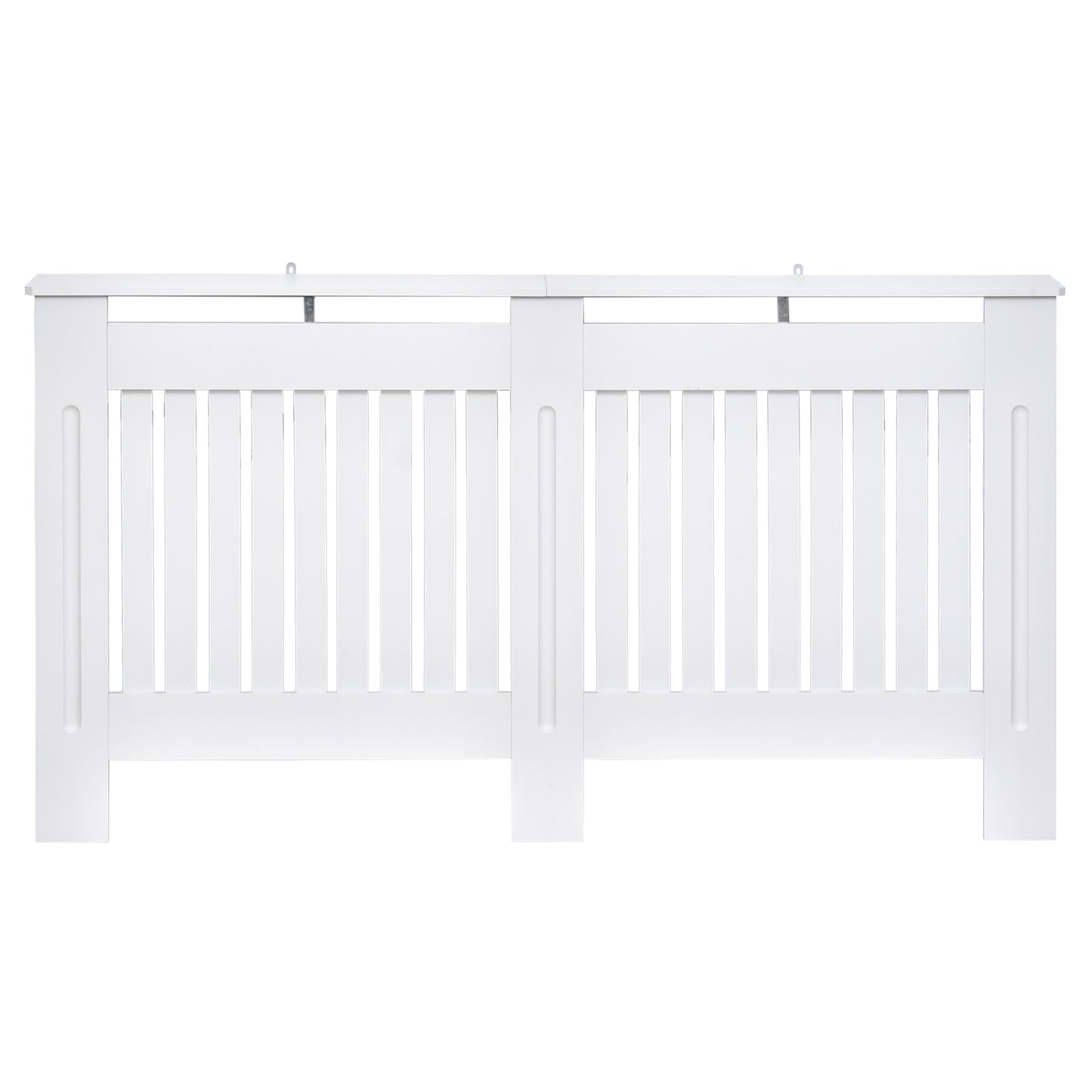 White HOMCOM slatted radiator cover cabinet with MDF lining and grill, measuring 152cm x 19cm x 81cm, designed for heating radiators.