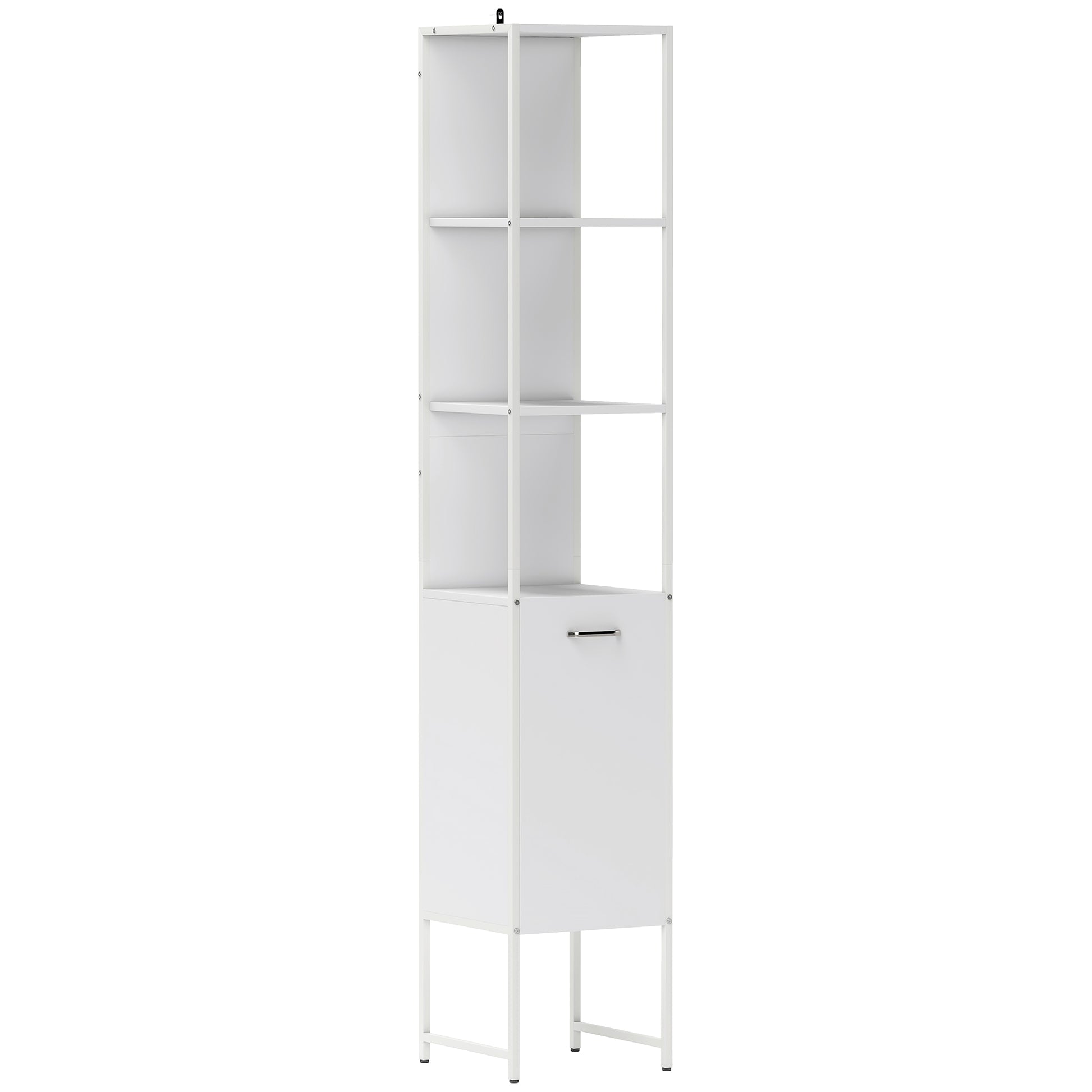 White tall bathroom cabinet with open shelves and adjustable shelf from HOMCOM, featuring a sleek, modern design.
