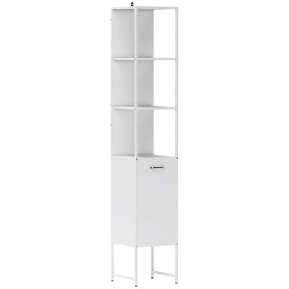 White tall bathroom cabinet with open shelves and adjustable shelf from HOMCOM, featuring a sleek, modern design.