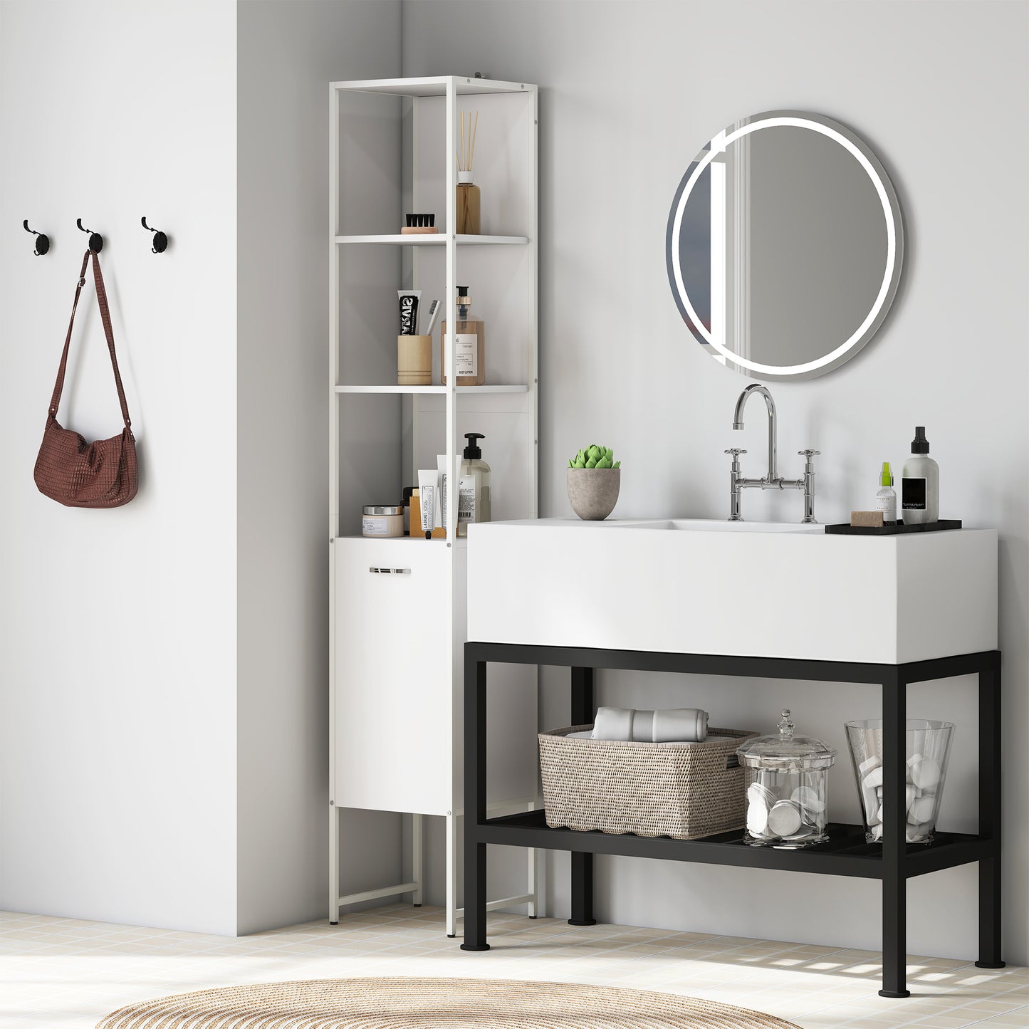 White tall bathroom cabinet by HOMCOM with open shelves and adjustable shelf for organized storage
