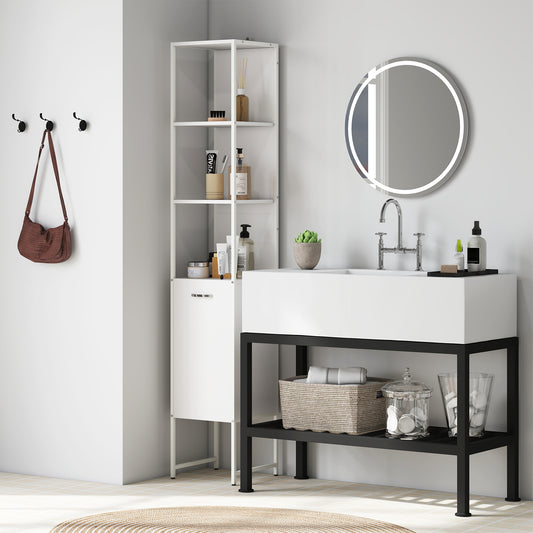 White tall bathroom cabinet by HOMCOM with open shelves and adjustable shelf for organized storage