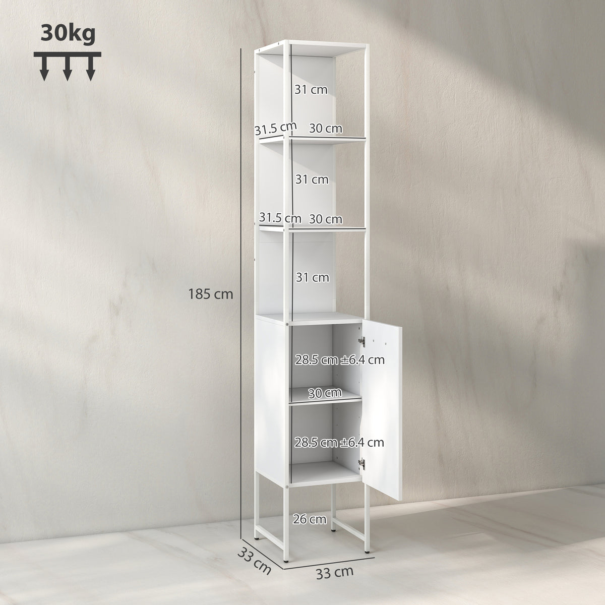 White HOMCOM tall bathroom cabinet with open shelves and adjustable shelf for organized storage.