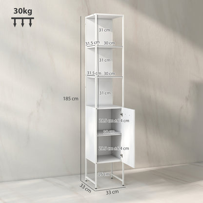 White HOMCOM tall bathroom cabinet with open shelves and adjustable shelf for organized storage.
