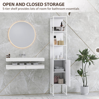 White HOMCOM tall bathroom cabinet with open shelves and adjustable shelf for storage and organization.