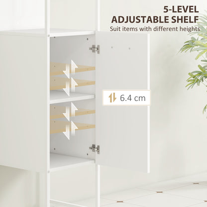 White tall bathroom cabinet by HOMCOM with open shelves and adjustable shelf for organized storage.
