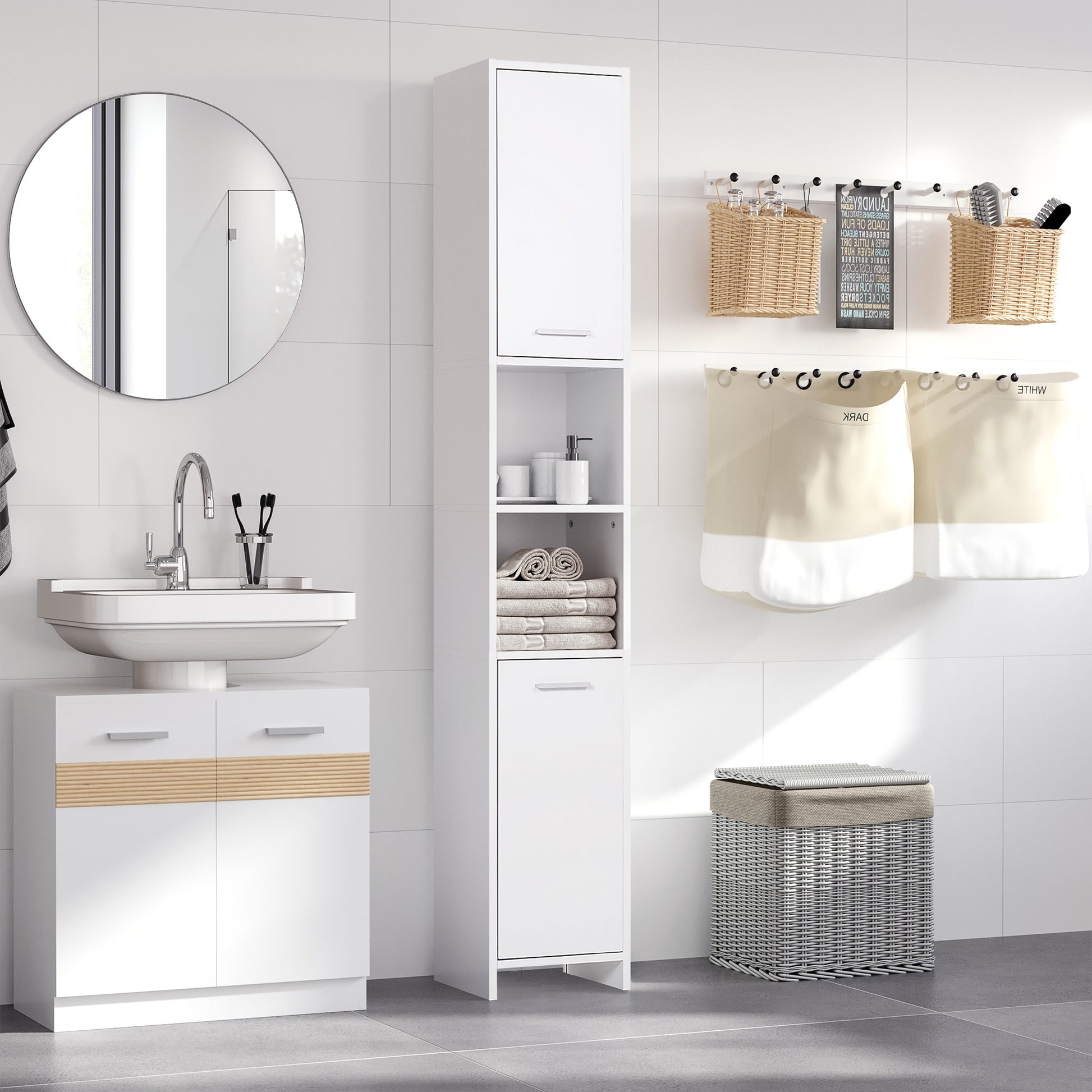 HOMCOM white tall bathroom storage cabinet with adjustable shelves, freestanding organizer unit for bathroom organization.
