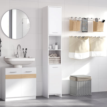 HOMCOM white tall bathroom storage cabinet with adjustable shelves, freestanding organizer unit for bathroom organization.