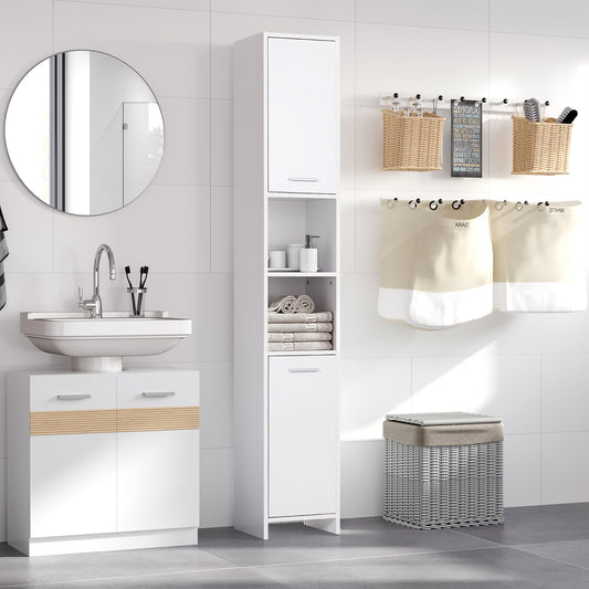 HOMCOM white tall bathroom storage cabinet with adjustable shelves, freestanding organizer unit for bathroom organization.