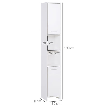 White HOMCOM tall bathroom storage cabinet with adjustable shelves, freestanding organizer unit for bathroom organization.