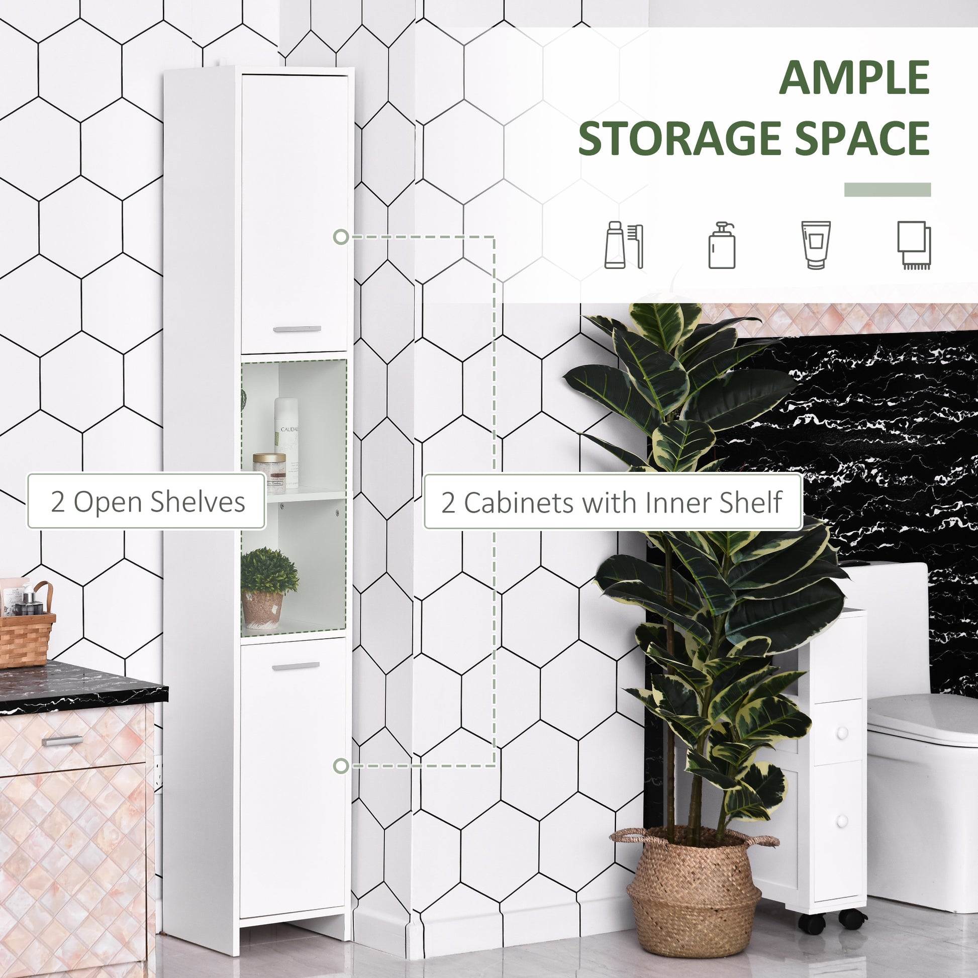 HOMCOM tall white bathroom storage cabinet with adjustable shelves and freestanding design, ideal for organized bathroom space.