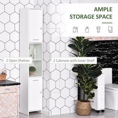 HOMCOM tall white bathroom storage cabinet with adjustable shelves and freestanding design, ideal for organized bathroom space.