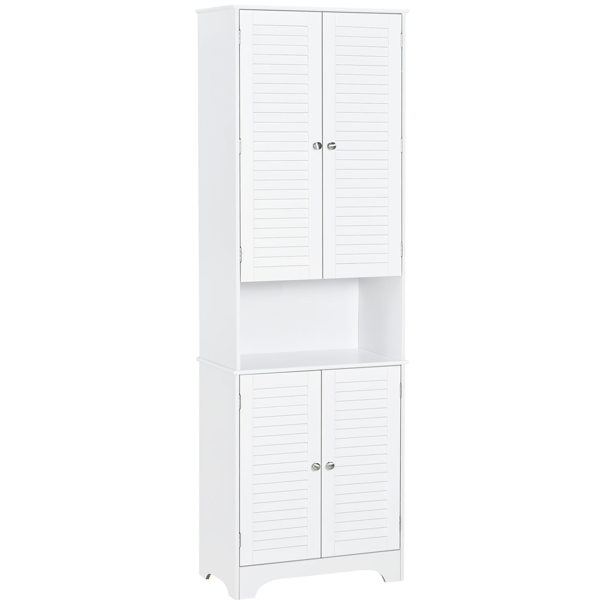 White HOMCOM tall freestanding bathroom cabinet with shutter doors and adjustable shelves for linen and storage.