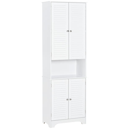 White HOMCOM tall freestanding bathroom cabinet with shutter doors and adjustable shelves for linen and storage.