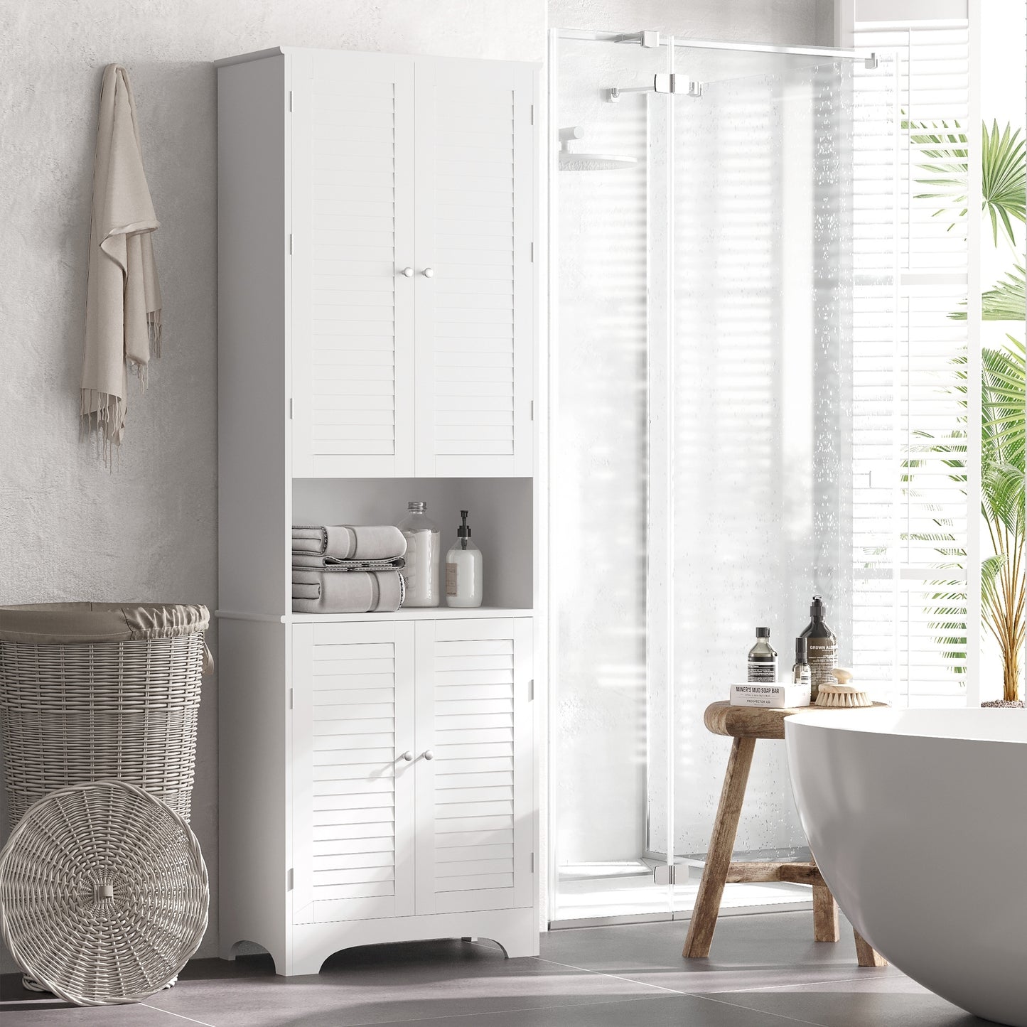 White HOMCOM tall freestanding bathroom storage cabinet with shutter doors and adjustable shelves for organizing linens and bathroom essentials.