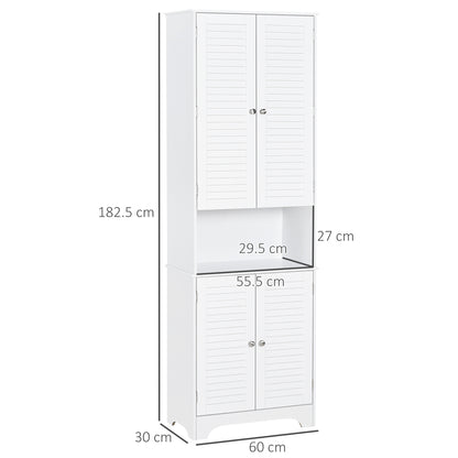 White HOMCOM tall freestanding bathroom storage cabinet with shutter doors and adjustable shelves, ideal for linen and toiletries.