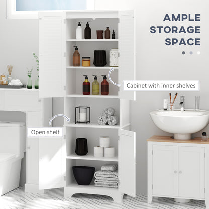 White tall freestanding HOMCOM bathroom storage cabinet with shutter doors and adjustable shelves, ideal for linen and bathroom essentials.