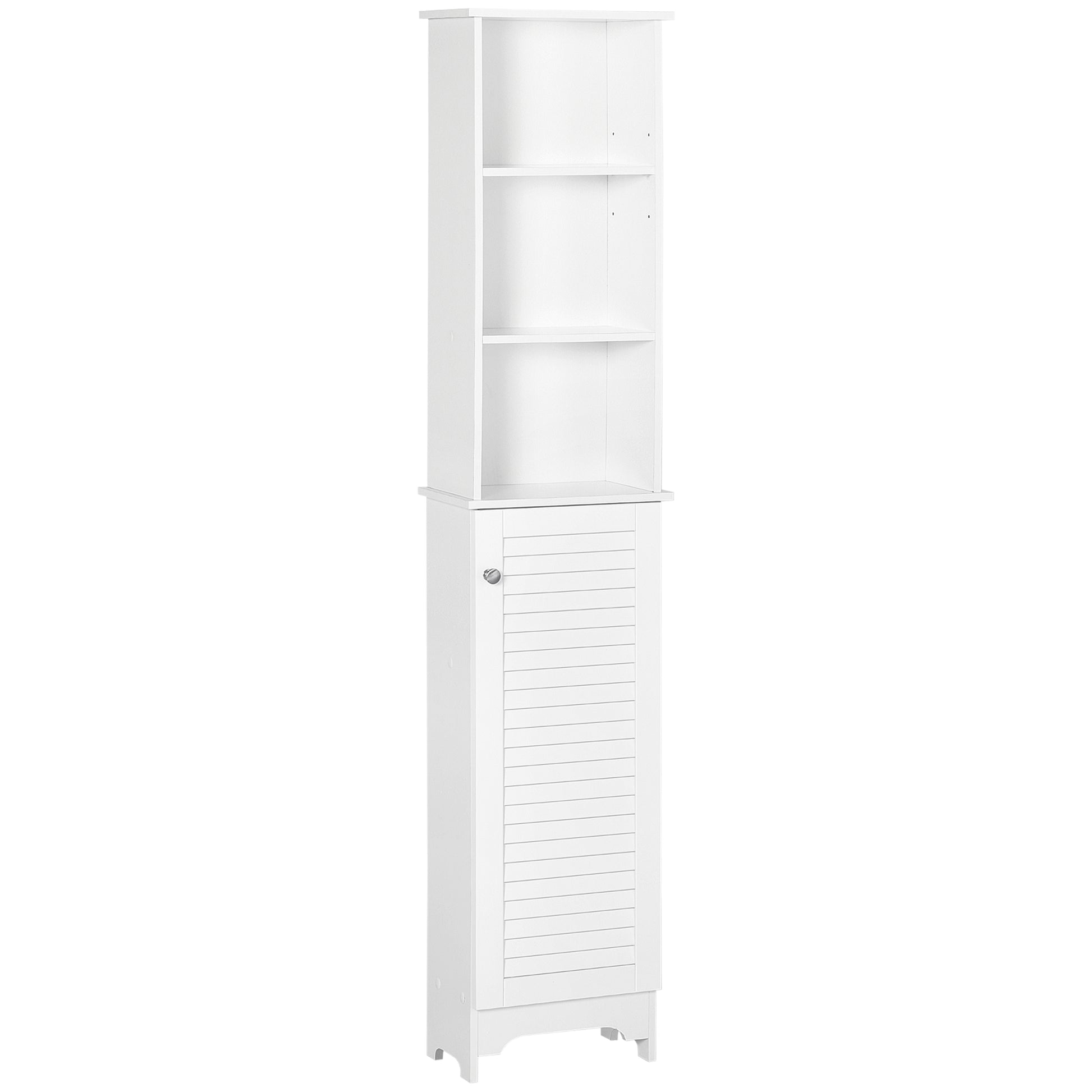 HOMCOM tall slim white bathroom storage cabinet with adjustable shelves and shutter door, ideal for compact bathroom spaces.