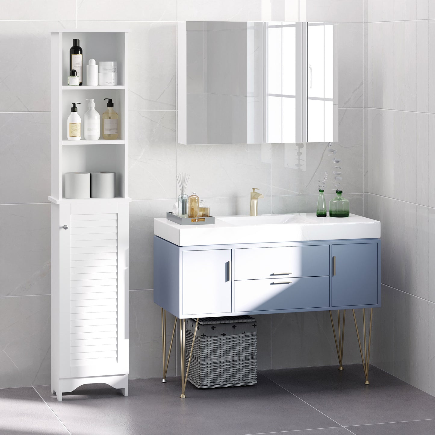 White HOMCOM tall slim bathroom storage cabinet with adjustable shelves and shutter door for organized space.