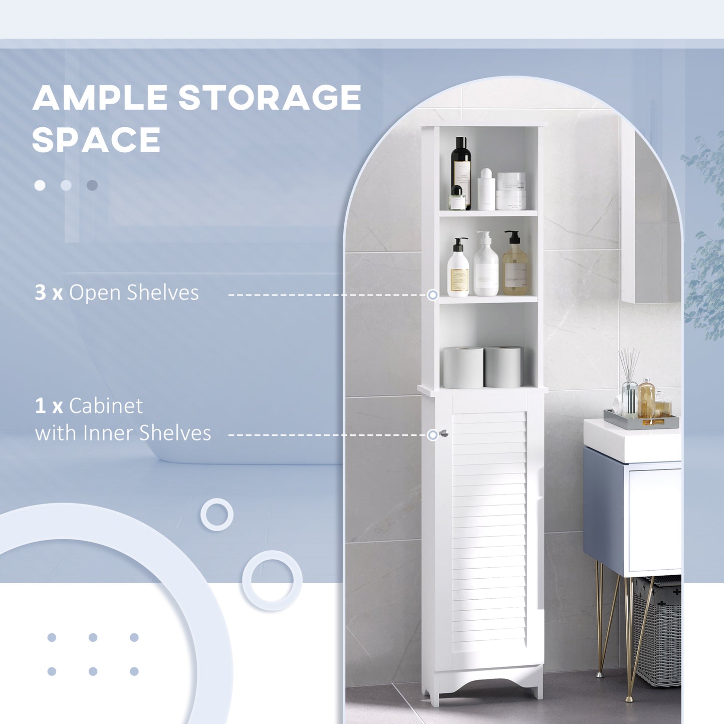 White tall slim HOMCOM bathroom storage cabinet with adjustable shelves and shutter door, perfect for compact bathroom organization.