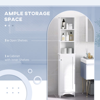 White tall slim HOMCOM bathroom storage cabinet with adjustable shelves and shutter door, perfect for compact bathroom organization.